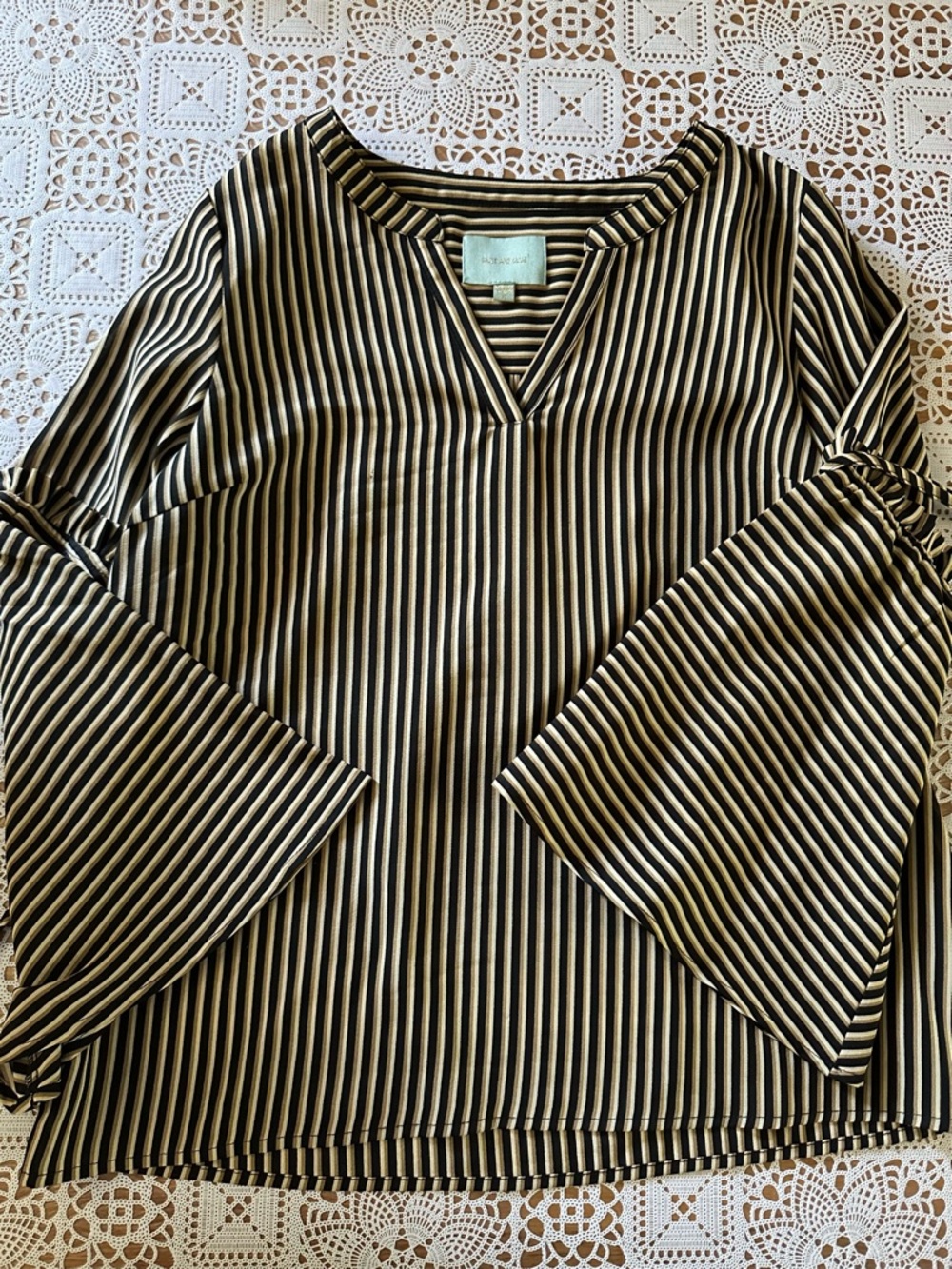 Skies Are Blue Black and Cream Striped V-Neck Blouse